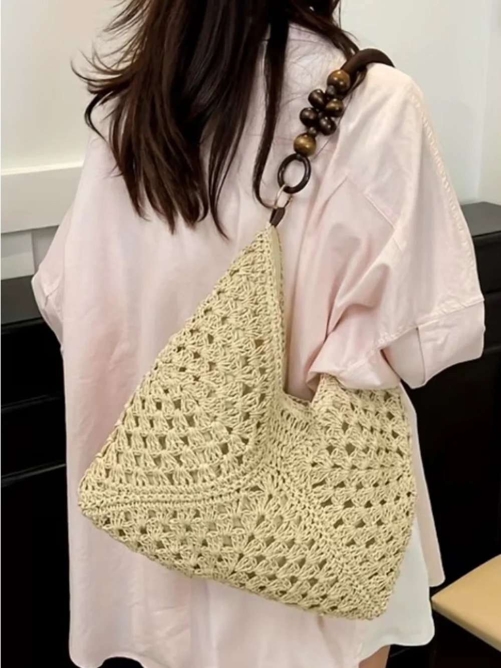 Crochet Hobo Bag with Wooden Bead Handle and Magnetic Closure